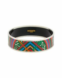 Hermès Palladium Plated Du Vent L Folk Painted Enamel Bangle (Authentic Pre-Owned) Women Bracelets