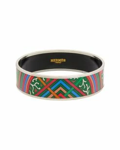 Hermès Palladium Plated Du Vent L Folk Painted Enamel Bangle (Authentic Pre-Owned) Women Bracelets