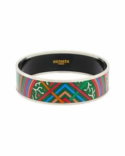Hermès Palladium Plated Du Vent L Folk Painted Enamel Bangle (Authentic Pre-Owned) Women Bracelets