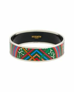 Hermès Palladium Plated Du Vent L Folk Painted Enamel Bangle (Authentic Pre-Owned) Women Bracelets