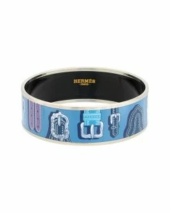 Hermès Palladium Plated Belt L' Encre Painted Enamel Bangle (Authentic Pre- Owned) Women Bracelets