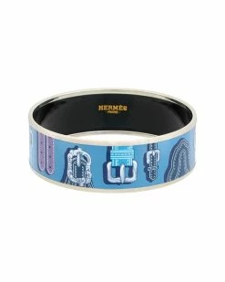 Hermès Palladium Plated Belt L' Encre Painted Enamel Bangle (Authentic Pre- Owned) Women Bracelets