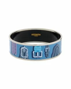 Hermès Palladium Plated Belt L' Encre Painted Enamel Bangle (Authentic Pre- Owned) Women Bracelets