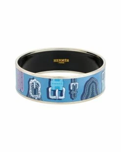 Hermès Palladium Plated Belt L' Encre Painted Enamel Bangle (Authentic Pre- Owned) Women Bracelets
