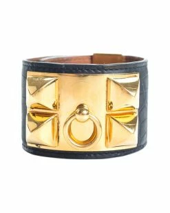 Hermès 18K Plated Crocodile Leather Collier De Chien Bracelet (Authentic Pre- Owned) Women Bracelets